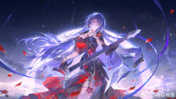 Rule 34 | 1girl, absurdres, acheron (honkai: star rail), acheron (star rail live 2025) (honkai: star rail), bead necklace, beads, black gloves, blue hair, dress, elbow gloves, floating hair, gloves, hair over one eye, highres, honkai: star rail, honkai (series), jewelry, koujuan, long hair, necklace, official alternate costume, red dress, solo, very long hair