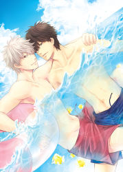 2boys arima_(iro_rabbit) black_eyes black_hair blue_male_swimwear blue_swim_trunks drawstring gintama highres hijikata_toushirou innertube male_focus male_swimwear multiple_boys partially_submerged red_eyes red_male_swimwear red_swim_trunks sakata_gintoki swim_ring swim_trunks swimsuit white_hair