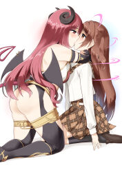 Rule 34 | 2girls, bat wings, black gloves, black horns, black socks, black thighhighs, black wings, blush, boots, breasts, brown footwear, brown skirt, collared shirt, demon horns, demon tail, empty eyes, energy drain, gloves, highres, horns, io (princess connect!), kiss, leotard, long hair, medium breasts, minase (takaoka nanase), mind control, multiple girls, nozomi (princess connect!), nozomi (real) (princess connect!), piercing, pleated skirt, princess connect!, red eyes, red hair, shirt, shoes, side ponytail, simple background, skirt, small breasts, socks, sweat, sweatdrop, tail, thigh boots, thighhighs, very long hair, white background, white leotard, white shirt, wing piercing, wings, yuri