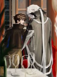 Rule 34 | 2boys, alcohol, arknights, bad source, beard, black cape, blue eyes, brown hair, cape, collared cape, duq&#039;arael (arknights), earclip, earrings, facial hair, gloves, highres, jacket, jewelry, long hair, male focus, multiple boys, partially fingerless gloves, pointy ears, red wine, ryukaku3 01c, smile, white hair, wine