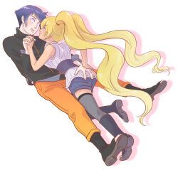 Rule 34 | black hair, blonde hair, blue eyes, breasts, cosplay, costume switch, genderswap, genderswap (ftm), grabbing another&#039;s ass, groping, holding hands, hyuuga hinata, large breasts, naruko (naruto), naruto, naruto (series), naruto shippuuden, risuo, sexy no jutsu, simple background, smile, thighhighs, twintails