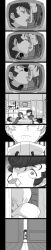 3girls absurdres commentary food food_in_mouth girls_und_panzer greyscale highres katsuoboshi long_hair long_image mika_(girls_und_panzer) monochrome multiple_girls pompadour short_hair skirt tall_image tongue tongue_out youko_(girls_und_panzer) yuri_(girls_und_panzer)