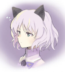 1girl animal_ears black_ears black_necktie blue_eyes border bubble cat_ears cat_girl closed_mouth collared_shirt commentary_request cropped_shoulders dot_mouth eyebrows_hidden_by_hair gradient_background gradient_border grey_hair high_collar military_uniform necktie portrait purple_background round_border sanya_v._litvyak shiratama_(hockey) shirt short_hair sidelocks solo strike_witches three_quarter_view wavy_hair white_background white_shirt world_witches_series