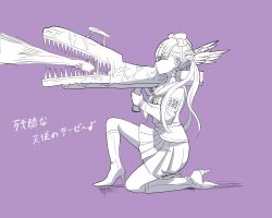 1girl female_focus full_body greyscale gun high_heels highres holding holding_gun holding_rifle holding_sniper_rifle holding_weapon japanese_text long_hair monochrome pleated_skirt purple_background simple_background skirt solo the_hundred_line_-last_defense_academy- translation_request tsukumo_kako weapon