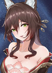1girl animal_ear_fluff animal_ears bare_shoulders breasts brown_hair collarbone commentary_request fox_ears fox_girl fugue_(honkai:_star_rail) green_eyes hair_between_eyes hair_ornament highres honkai:_star_rail honkai_(series) kakabos large_breasts looking_at_viewer night night_sky open_mouth sky smile solo star_(sky) starry_sky tingyun_(honkai:_star_rail) upper_body