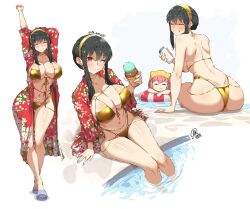 Rule 34 | 2025, 2girls, ;), anya (spy x family), arm behind head, arms up, ass, bikini, black hair, blush, breasts, cleavage, closed eyes, collarbone, commentary, crossed ankles, earrings, english commentary, eyepatch bikini, feet, food, front-tie bikini top, front-tie top, gold bikini, gold choker, gold hairband, hair between eyes, hairband, highleg, highleg bikini, holding, holding food, holding ice cream, ice cream, jewelry, jk arts, large breasts, legs, long hair, looking at viewer, multiple girls, multiple views, navel, o-ring, o-ring bikini, one eye closed, poolside, print robe, red eyes, red robe, robe, sandals, sidelocks, signature, sitting, smile, soaking feet, spy x family, stomach, stretching, swimsuit, thighs, toes, toned, toned female, twitter username, water, yor briar