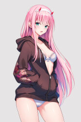 1girl :o alternate_breast_size black_jacket bra breasts collarbone cowboy_shot darling_in_the_franxx eyeshadow ffcreatyuuki green_eyes grey_background hairband hands_in_pockets highres hood hooded_jacket horns jacket long_hair looking_at_viewer makeup open_mouth panties partially_unzipped pink_hair red_eyeshadow red_horns simple_background small_breasts solo thighs underwear very_long_hair white_bra white_hairband white_panties zero_two_(darling_in_the_franxx)
