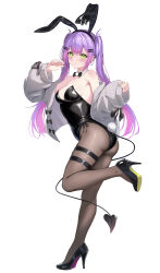 Rule 34 | 1girl, absurdres, animal ears, black leotard, black pantyhose, black shoes, blush, breasts, commentary request, demon tail, detached collar, fake animal ears, full body, green eyes, high heels, highres, hololive, jacket, leotard, medium breasts, nyarome (nyaromeart), pantyhose, pink hair, playboy bunny, rabbit ears, rabbit tail, shoe soles, shoes, simple background, solo, strapless, strapless leotard, tail, thigh strap, tokoyami towa, twintails, virtual youtuber, white background, white jacket