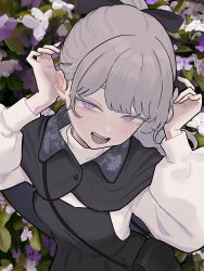 1girl absurdres arms_up bag black_bag black_bow black_shawl blush bow cropped_arms floral_background flower grey_eyes grey_hair highres lapwing_(vrchat) long_hair long_sleeves looking_at_viewer open_mouth ponytail purple_flower shawl shoulder_bag solo teeth tohu_sand tongue upper_body vrchat white_sleeve_cuffs white_sleeves