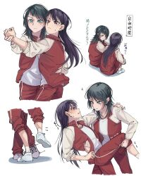 2girls bang_dream! bang_dream!_it&#039;s_mygo!!!!! black_hair blue_eyes blush brown_hair closed_mouth commentary dancing dip_(dance_move) doki_(oox3o) gym_uniform hand_on_another&#039;s_shoulder hand_on_another&#039;s_waist highres holding_hands jacket long_hair looking_at_another mole mole_under_eye multiple_girls pants parted_lips purple_eyes red_jacket red_pants shiina_taki shirt shoes shorts simple_background smile sneakers sparkle symbol-only_commentary track_jacket track_pants translation_request white_background white_shirt white_shorts yahata_umiri yuri