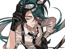 1girl adjusting_eyewear bright_pupils collared_shirt cowboy_shot earrings facing_viewer glasses gloves green_eyes hand_on_own_hip jewelry long_hair looking_at_viewer nintendo nori_(oonori_san) pokemon pokemon_sv ponytail red_eyes rika_(pokemon) shirt smile solo white_background