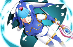 1girl armor artist_name blue_armor blue_background blue_eyes blue_helmet breasts cowboy_shot fairy_leviathan_(mega_man) fins forehead_jewel head_fins helmet highres holding holding_polearm holding_weapon jetaxl_tanuki large_breasts mega_man_(series) mega_man_zero_(series) polearm simple_background smirk solo spear weapon