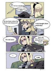 Rule 34 | 2girls, 770mk, amelia medici, blonde hair, comic, couch, dog, dog (skullgirls), earrings, english text, engrish text, filia (skullgirls), hairband, jewelry, long hair, mother and daughter, multiple girls, necktie, ranguage, refrigerator, samson (skullgirls), school uniform, sitting, skullgirls, speech bubble, television, tongue, tongue out, upper body, watching television