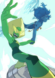 2girls blue_eyes blue_hair blue_sclera blue_skin blue_sky closed_mouth cloud cloudy_sky colored_sclera colored_skin colored_tongue day flying green_eyes green_hair green_sclera green_skin green_tongue highres holding_hands hydrokinesis kamina_shades lapis_lazuli_(gemstone) lapis_lazuli_(steven_universe) liquid_wings multiple_girls one_eye_closed open_mouth outstretched_arms outstretched_hand peridot_(steven_universe) sky star_(symbol) steven_universe sunglasses svacob trashcan_lid water