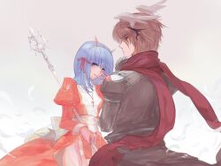 1boy 1girl armor assassin_cross_(ragnarok_online) back_bow black_shirt black_wings blue_eyes blue_hair bow breasts brown_eyes brown_hair cinlee closed_mouth commentary commission cross cross_necklace demon_wings dress english_commentary expressionless eyes_visible_through_hair fake_horns feathered_wings feathers foot_out_of_frame grey_background grey_horns head_wings high_priest_(ragnarok_online) holding holding_staff horns jewelry juliet_sleeves long_sleeves looking_at_viewer looking_back medium_hair necklace pauldrons puffy_sleeves ragnarok_online red_dress red_scarf sash scarf shirt short_hair shoulder_armor small_breasts smile staff torn_clothes torn_scarf two-tone_dress white_bow white_dress white_sash white_wings wings