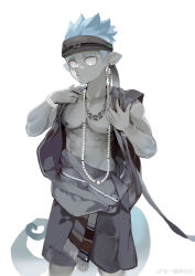 1boy abs absurdres arknights bandaid bandaid_on_face bandaid_on_nose bead_bracelet bead_necklace beads black_headband black_shirt black_shorts bracelet chinese_commentary closed_mouth commentary_request ethan_(arknights) facial_hair goatee headband highres jewelry looking_down male_focus muscular muscular_male necklace nipples open_clothes open_shirt pectorals pointy_ears shirt shorts sleeveless sleeveless_shirt watermark weibo_watermark white_background yi_tan_a_mi_ba