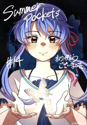 Rule 34 | 1girl, black bow, blue hair, blush, bow, braid, bug, butterfly, closed mouth, collarbone, copyright name, crown braid, episode number, film grain, floating hair, frilled sleeves, frills, glowing butterfly, hair between eyes, hair bow, hair ribbon, hands up, hatuna 93, highres, insect, long hair, looking at animal, open hands, red eyes, red ribbon, ribbon, shirt, short sleeves, sidelocks, smile, solo, sorakado ao, split mouth, straight-on, summer pockets, twitter username, underlighting, upper body, white shirt, yellow butterfly
