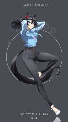 1girl adapted_costume animal_ears arms_behind_head belt birthday black_hair blue_eyes blue_shirt brown_belt character_name cosplay ear_covers grey_background grey_pants hair_between_eyes hair_ornament happy_birthday high_heels highres horse_ears horse_girl horse_tail katsuragi_ace_(umamusume) long_sleeves looking_at_viewer luna_(gkluna_mas) mejiro_palmer_(umamusume) mejiro_palmer_(umamusume)_(cosplay) multicolored_hair pants ponytail pumps shirt shoes simple_background solo streaked_hair tail tassel tassel_hair_ornament umamusume white_hair white_shoes
