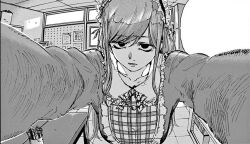 1girl apron arms_up black_eyeshadow checkered_apron checkered_clothes closed_mouth dress echigo_lira eyeshadow greyscale highres long_sleeves looking_at_viewer maid_apron maid_headdress makeup manga_page monochrome non-web_source serious solo yofukashi_no_uta