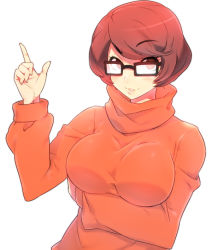 1girl :3 animification arm_under_breasts bad_deviantart_id bad_id blush breast_lift breasts brown_eyes brown_hair eyebrows female_focus fingernails freckles glasses grin large_breasts long_fingernails long_sleeves naso4 orange_shirt pointing pointing_up red_eyes red_hair scooby-doo shirt simple_background smile solo sweater swept_bangs taut_clothes taut_shirt turtleneck upper_body velma_dinkley white_background