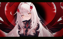 Rule 34 | 1girl, bodystocking, breasts, closed mouth, commentary, cowlick, eye hair ornament, eye symbol, eyes on wings, genshin impact, hair between eyes, hair intakes, hair ornament, hashtag-only commentary, highres, kanora, long hair, looking at viewer, red wings, ronova (genshin impact), side ahoge, solo, symbol-shaped pupils, upper body, very long hair, white hair, wings, yellow eyes