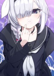 1girl black_choker black_coat black_eyes black_hairband black_sailor_collar black_serafuku black_skirt blue_archive blunt_bangs blush bow braid choker closed_mouth coat commentary_request hair_bow hair_over_one_eye hair_tie hairband highres long_hair neckerchief otea_cha partial_commentary plana_(blue_archive) pointing_at_mouth red_pupils ribbon sailor_collar school_uniform serafuku side_braid single_braid skirt solo swept_bangs white_bow white_hair white_neckerchief white_ribbon