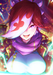 1girl absurdres aura breasts close-up duel_masters energy fang glenglassaugh_(duel_masters) glowing glowing_eye gold_trim gradient_background hair_over_one_eye high_ponytail highres jacket large_breasts long_hair multicolored_hair open_clothes open_jacket open_mouth ponytail purple_eyes purple_hair purple_scarf red_hair red_jacket rou_senka scarf shirt solo very_long_hair white_shirt