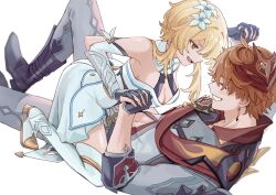Rule 34 | 1boy, 1girl, absurdres, bare shoulders, black gloves, blonde hair, boots, breasts, cleavage, couple, dress, fingerless gloves, flower, genshin impact, gloves, hair between eyes, hair flower, hair ornament, hetero, highres, interlocked fingers, jewelry, knee boots, long sleeves, looking at another, lumine (genshin impact), lying, mask, mask on head, medium breasts, naya nya23, open mouth, orange hair, scarf, short hair, simple background, smile, tartaglia (genshin impact), thighhighs, white background, white dress, wrestling, yellow eyes