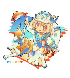 Rule 34 | 1girl, blonde hair, blue jacket, blue one-piece swimsuit, chibi, clothes writing, covered navel, goddess of victory: nikke, hair between eyes, helmet, highres, jacket, liter (guardfish) (nikke), liter (nikke), long sleeves, looking at viewer, non-humanoid robot, official alternate costume, one-piece swimsuit, open clothes, open jacket, robot, robot animal, school swimsuit, swimsuit, thighhighs, volt (nikke), white thighhighs, yashima xx