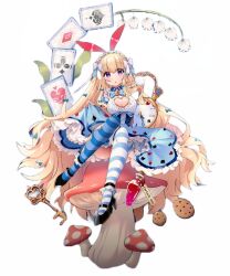 1girl :o alice_(alice_in_wonderland) alice_in_wonderland animal_ears ass blonde_hair bow breasts card card_(medium) character_request cleavage_cutout clock clothes_lift clothing_cutout cookie cosplay dress fake_animal_ears food full_body gold heart_cutout high_heels key large_breasts mushroom open_mouth poker poker_print potion purple_eyes qtenka rabbit_ears ribbon shoes sitting skirt skirt_lift tenkafuma