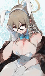 Rule 34 | 1girl, absurdres, akane (blue archive), akane (bunny) (blue archive), animal ear hairband, animal ears, bare shoulders, blue archive, blue bow, bow, breasts, brown shawl, cleavage, closed mouth, detached collar, fake animal ears, glasses, gloves, hair between eyes, hairband, highres, koyuuuuuuuuuuu, large breasts, leotard, long hair, looking at viewer, official alternate costume, pantyhose, plaid clothes, plaid shawl, rabbit ear hairband, rabbit ears, shawl, sidelocks, smile, solo, white gloves, white hairband, white leotard, white pantyhose, yellow background, yellow eyes