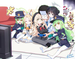 Rule 34 | 1boy, 6+girls, :&lt;, :3, :d, :o, animal ear fluff, animal ears, arata (blue archive), artist name, beret, bird, black hair, black jacket, black sailor collar, black serafuku, black skirt, blonde hair, blue archive, blue hat, blue shorts, bow, bowtie, butterfly hair ornament, buttons, commentary request, controller, cross halo, crossed arms, detached sleeves, doodle sensei (blue archive), double-breasted, double bun, dress, ear wreath, eating, extra ears, fang, flower wreath, forehead, fox ears, fox girl, game controller, gloves, green eyes, green halo, grey eyes, grey hair, grey halo, hair bun, hair ornament, halo, hat, highres, hikari (blue archive), holding, holding controller, holding game controller, hug, hug from behind, ima (lm ew), indian style, jacket, japanese clothes, jitome, kimono, kisaki (blue archive), kneeling, long hair, long sleeves, looking at another, looking at viewer, multiple girls, no shoes, nozomi (blue archive), one eye closed, open mouth, outstretched arms, pantyhose, parted lips, peaked cap, pleated skirt, professor niyaniya (blue archive), red bow, red bowtie, red eyes, red halo, sailor collar, school uniform, seia (blue archive), sensei (blue archive), serafuku, shorts, shuro (blue archive), signature, sitting, skin fang, skirt, sleeveless, sleeveless dress, sleeves past fingers, sleeves past wrists, smile, smug, tit (bird), twitter username, v-shaped eyebrows, white dress, white gloves, white pantyhose, yellow eyes, yellow halo, yellow kimono