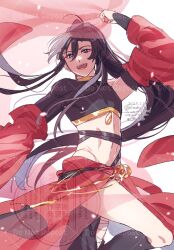 1boy :d abs ahoge alternate_costume arabian_clothes arm_up asymmetrical_clothes asymmetrical_legwear bandaged_leg bandages black_hair black_pants black_shirt black_sleeves black_socks cape chain crop_top crossdressing dancer dancing dated detached_sleeves eyeshadow floating_clothes floating_hair gold_chain hair_between_eyes harem_outfit highres holding_veil jewelry kimako_(kimako_8) kneehighs leg_up light_particles long_hair long_sleeves looking_at_viewer makeup male_focus midriff modao_zushi navel open_mouth pants ponytail purple_eyes red_cape red_eyeshadow red_shawl red_veil shawl shirt sidelocks simple_background skin_tight smile socks solo thighs twitter_username veil very_long_hair waist_cape watermark wei_wuxian white_background