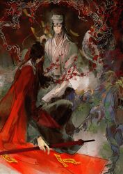 2boys absurdres artist_request black_eyes black_hair black_hat branch chinese_clothes chinese_commentary closed_mouth commission dao_gui_yi_xian facing_away faux_traditional_media flower grass hair_bun hanfu hat highres holding holding_another&#039;s_wrist holding_sword holding_weapon ink_wash_painting jin_(headwear) li_huowang long_hair long_sleeves male_focus multiple_boys ofuda plum_blossoms red_flower red_hanfu reeds robe rock second-party_source single_hair_bun sitting smoke sword talisman weapon white_hanfu wide_sleeves yaoi zhongguo_hua zhouzi_jin_(headwear) zhuge_yuan