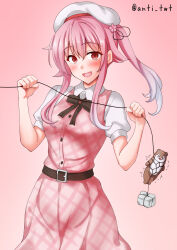 Rule 34 | 1girl, 1other, anti (untea9), blue hair, blush, bokukawauso, breasts, harusame (kancolle), hat, highres, kantai collection, long hair, looking at another, looking at viewer, multicolored hair, open mouth, otter, pink background, pink hair, pink vest, restrained, ribbon, shirt, side ponytail, skirt, small breasts, smile, vest