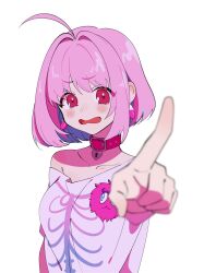 1girl ahoge aqua_hair belt_collar blush breasts collar collarbone commentary_request earrings fang hair_intakes hand_up heart_collar highres idolmaster idolmaster_cinderella_girls jewelry keyhole looking_at_viewer multicolored_hair na09tu off_shoulder open_mouth pill_earrings pink_collar pink_eyes pink_hair pointing pointing_at_viewer shirt short_hair simple_background single_bare_shoulder skeleton_print solo tears two-tone_hair upper_body white_background white_shirt yumemi_riamu