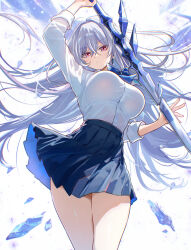 Rule 34 | 1girl, alternate costume, blue bow, blue bowtie, blue shirt, bow, bowtie, breasts, closed mouth, commentary, cowboy shot, genshin impact, grey hair, hair between eyes, hair spread out, highres, holding, holding sword, holding weapon, large breasts, long hair, looking at viewer, pink eyes, shirt, shirt tucked in, skirk (genshin impact), solo, sword, thighs, umamipesto, very long hair, weapon, white shirt