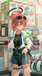 1girl absurdres ahoge animal_ears bag bandaid bandaid_on_leg black_halo black_undershirt blue_archive blue_bow blue_scrunchie bow braid cat_ears clothes_around_waist collarbone comb eyewear_on_head floral_print halo highres indoors jacket jacket_around_waist jewelry necklace neru_(blue_archive) neru_(school_uniform)_(blue_archive) omurice_(304975636) open_clothes open_shirt pleated_skirt red_bow red_eyes red_hair red_scrunchie scrunchie shirt shop shopping shopping_bag sign single_braid skirt smile snake streamers stuffed_toy sunglasses thigh_strap unworn_fake_animal_ears white_shirt