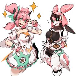2girls absurdres black_sclera breasts colored_sclera detached_sleeves dress dual_persona frilled_dress frills green_eyes highres humanoid_robot joints looking_at_viewer multiple_girls pink_hair puffy_detached_sleeves puffy_sleeves quad_tails robot robot_ears robot_girl robot_joints smile sparkle sunikito v white_background white_dress yutane_johiel zenless_zone_zero