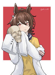 1girl absurdres agnes_tachyon_(umamusume) ahoge animal_ears brown_hair coat collared_shirt earrings hair_between_eyes highres holding horse_ears horse_girl jewelry koruhiraystt lab_coat long_sleeves looking_at_viewer messy_hair open_clothes open_coat red_eyes shirt short_hair single_earring single_off_shoulder skull sleeves_past_fingers sleeves_past_wrists smile solo sweater umamusume white_coat wolf_cut yellow_sweater