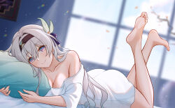 1girl 2024 absurdres ass bare_legs barefoot black_hairband black_ribbon blue_eyes blurry blurry_background breasts cleavage commentary_request dated feet feet_up firefly_(honkai:_star_rail) gradient_hair green_hair hair_between_eyes hair_ornament hair_ribbon hairband highres holding holding_pillow holy_guagua honkai:_star_rail honkai_(series) indoors jewelry large_breasts light_blush looking_at_viewer lying multicolored_eyes multicolored_hair on_bed on_stomach pillow purple_eyes ribbon ring shirt shirt_slip signature smile soles solo the_pose toes two-tone_eyes white_hair white_shirt window