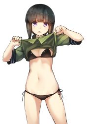 10s 1girl bikini bikini_under_clothes black_bikini black_hair blush breasts clothes_lift female_focus highres kantai_collection kitakami_(kancolle) long_hair navel ninnzinn no_pants open_mouth purple_eyes school_uniform serafuku shirt_lift side-tie_bikini_bottom simple_background small_breasts solo stomach swimsuit white_background