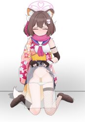 Rule 34 | 1girl, absurdres, animal ears, blue archive, blush, boots, breasts, brown hair, cat ears, censored, closed eyes, closed mouth, clothes lift, female focus, fox tail, highres, izuna (blue archive), japanese clothes, legs, lmc (pivix), panties, panties around leg, pussy, short hair, simple background, skirt, skirt lift, small breasts, solo, sweat, tail, towel, trembling, underwear, white background, white panties, x-ray