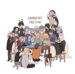 &gt;_&lt; 6+boys 6+girls absolutely_everyone alban_knox among_us antenna_hair antlers barefoot colored_tips elira_pendora english_text enna_alouette everyone finana_ryugu fulgur_ovid heart_antenna_hair highres horns kneeling luca_kaneshiro millie_parfait multicolored_hair multiple_boys multiple_girls mysta_rias nijisanji nijisanji_en nina_kosaka on_bench open_mouth parody petra_gurin pomu_rainpuff purple_hair reimu_endou rosemi_lovelock selen_tatsuki shu_yamino simple_background sitting smile sonny_brisko uki_violeta virtual_youtuber vox_akuma white_background yugo_asuma yui_(myuii23)