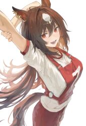 1girl animal_ears arm_behind_head arm_up breasts brown_hair cocontoozai ear_ornament hair_between_eyes highres horse_ears horse_girl horse_tail long_hair looking_at_viewer multicolored_hair open_mouth red_eyes shirt simple_background sirius_symboli_(umamusume) solo standing streaked_hair tail umamusume white_background white_hair white_shirt