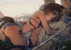 Rule 34 | 1boy, 1girl, animal ears, ass, betabeet, bikini, black bikini, black hair, black tail, blue archive, blue bikini, blush, breasts, cat ears, cat girl, cat tail, commentary, hammock, highres, hug, kikyou (blue archive), kikyou (swimsuit) (blue archive), layered bikini, lying on person, medium breasts, multiple tails, official alternate costume, on hammock, open mouth, shirt, short hair, side-tie bikini bottom, sideboob, solo focus, swimsuit, tail, thighs, two tails, white shirt