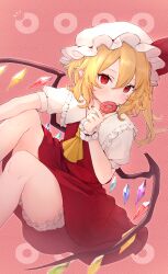 1girl absurdres ascot blonde_hair bloomers blush bow commentary crystal double-parted_bangs donut eating eyelashes feet_out_of_frame flandre_scarlet food frilled_shirt_collar frills hair_between_eyes hand_up hat hat_bow highres hiwokawa holding holding_donut holding_food knees_up looking_at_viewer medium_hair mob_cap pink_background puffy_short_sleeves puffy_sleeves red_bow red_nails red_skirt red_vest shirt short_sleeves side_ponytail signature simple_background sitting skirt solo thighs touhou tsurime underwear upturned_eyes vest white_bloomers white_hat white_shirt wings yellow_ascot