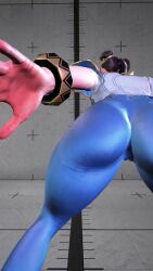 1girl 3d animated ass bent_over blue_leggings brown_hair capcom china_dress chinese_clothes chun-li double_bun dress female_focus game_screenshot hair_bun huge_ass leggings solo street_fighter street_fighter_6 thick_thighs thighs video