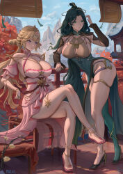 2girls absurdres artist_request asymmetrical_legwear blonde_hair blue_sky blush breasts chair character_request day detached_sleeves dress feet frlexz gold green_eyes green_hair high_heels highres large_breasts lips long_hair mature_female mountain multiple_girls nails one_leg_raised purple_eyes single_thighhigh sitting sky smile thighhighs tower_of_fantasy very_long_hair wooden_floor