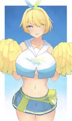 1girl b6_(b6_n2) bare_shoulders belt belt_pouch blonde_hair blue_eyes blue_shirt blue_skirt breasts cheerleader clothes_writing collarbone commentary_request cowboy_shot girls&#039;_frontline girls&#039;_frontline_2:_exilium green_belt hair_between_eyes hair_ornament hair_over_one_eye hair_ribbon highres holding holding_pom_poms large_breasts looking_at_viewer miniskirt navel nikketa_(girls&#039;_frontline_2) no_mole official_alternate_costume open_mouth partial_commentary pleated_skirt pom_pom_(cheerleading) pom_poms pouch ribbon shirt short_hair sidelocks skirt sleeveless sleeveless_shirt smile solo standing stomach swept_bangs underboob vsk-94_(girls&#039;_frontline)